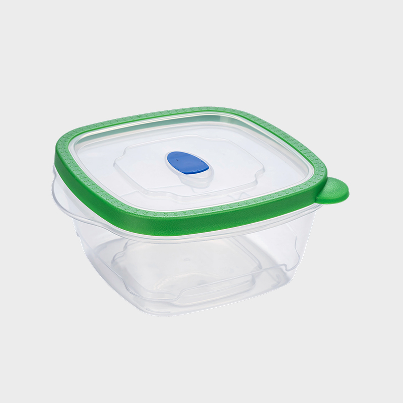 PFB028 1180 ml mitteltiefer quadratischer PP-Lebensmittelkonservierungsbehälter mit belüftetem grünem, umspritztem Deckel