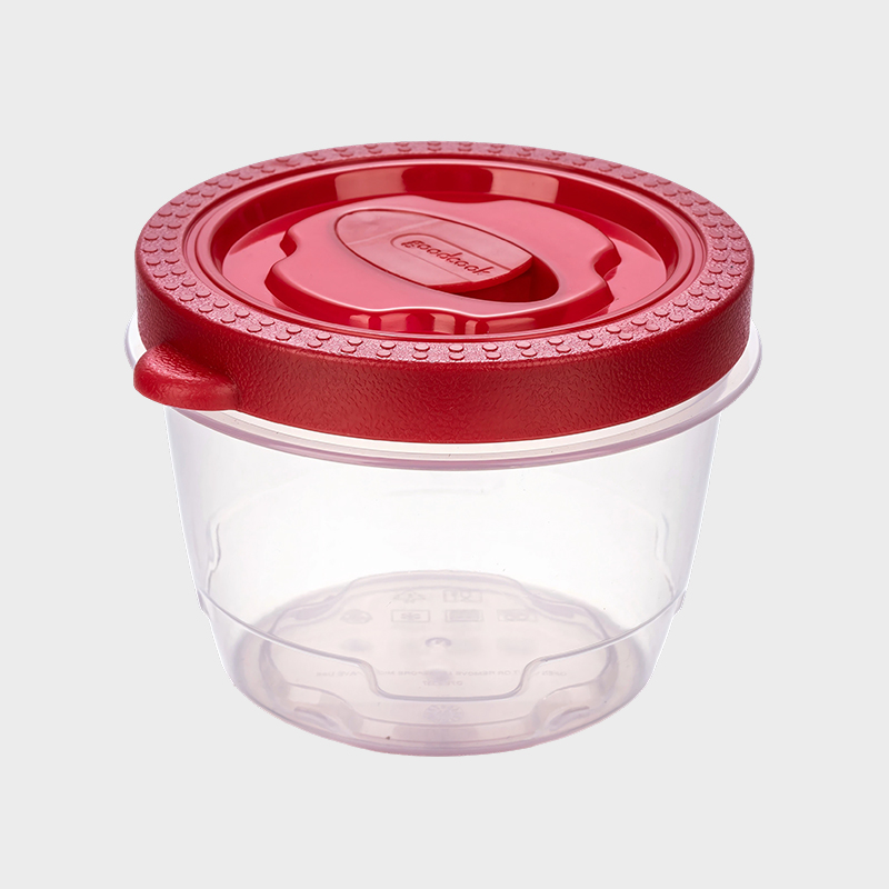 PFB052 360 ml zylindrischer PP-Lebensmittelkonservierungsbehälter mit belüftetem, rot umspritztem Deckel