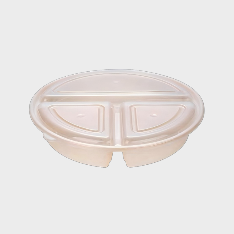 PFK004 900 ml 3-Fächer-Set aus runden, durchsichtigen PP-Einwegbehältern für die Zubereitung von Mahlzeiten mit Deckel